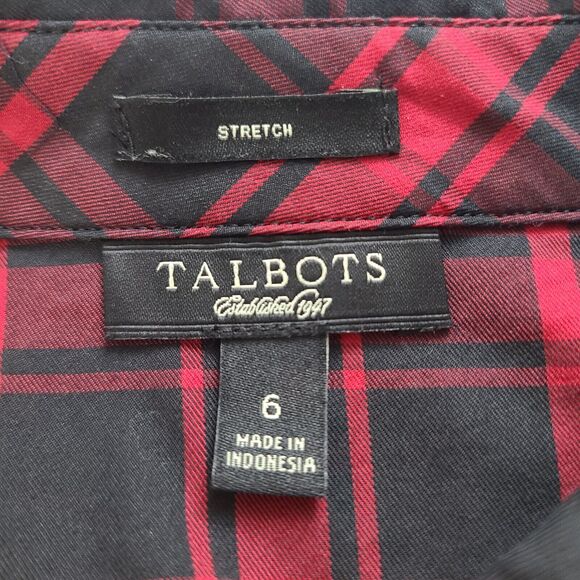 Talbots Stretch Long Sleeve Red Black Plaid Popover Blouse Ruffle Preppy Size 6 - Picture 6 of 9